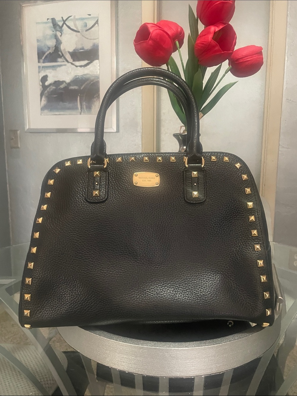 Michael Kors Large Black Pebbled Leather Satchel with Gold Studs VGUC